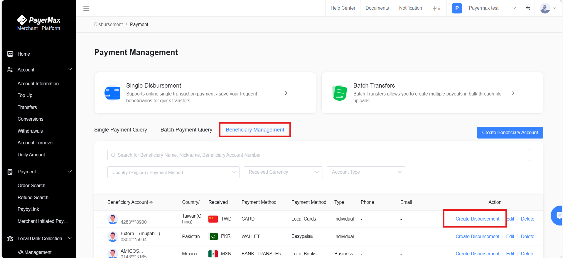 Initiate via Payee Account