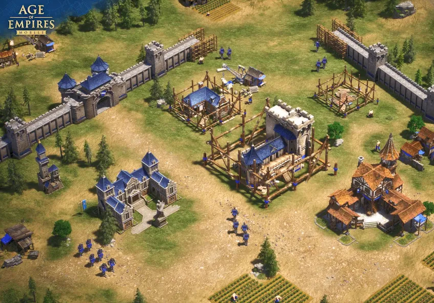 A city under construction with buildings, walls, and working units